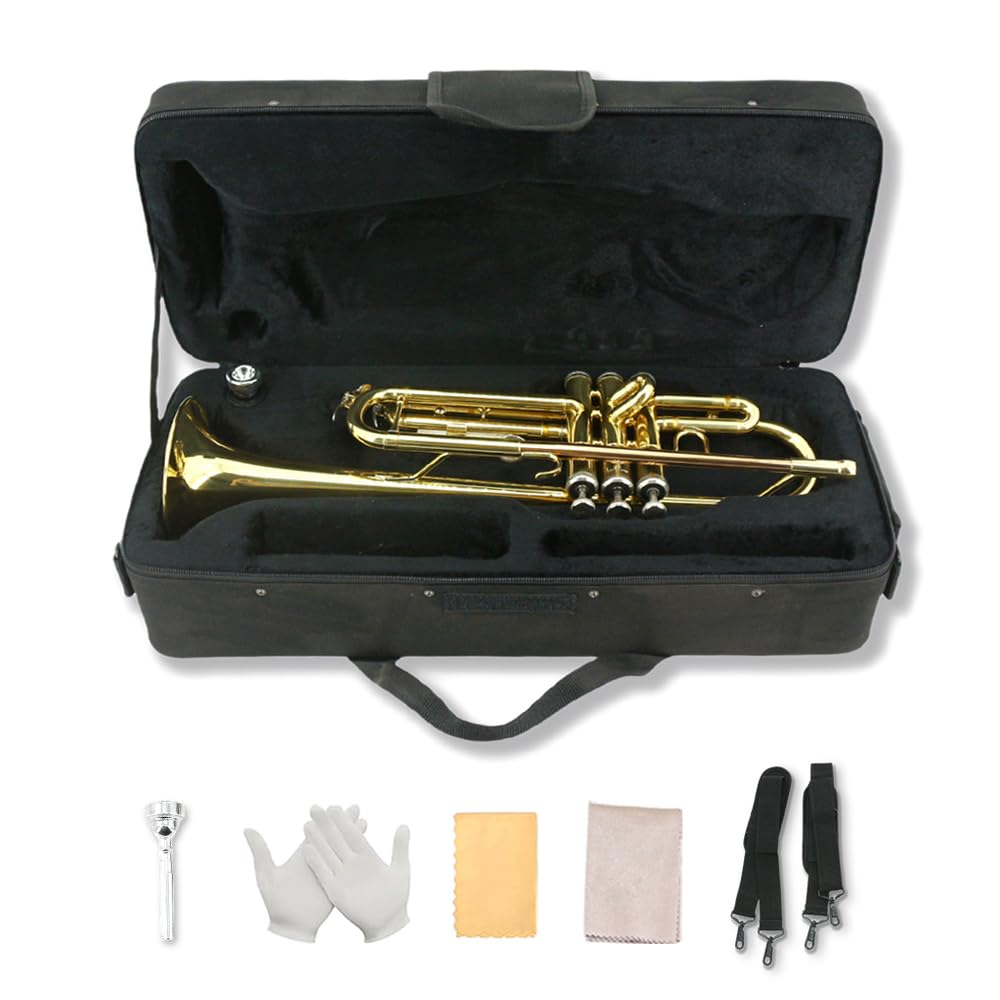 Standard Trumpet Set with Carrying Hard Case, 7C Mouthpiece, Cleaning Cloth and Gloves G989
