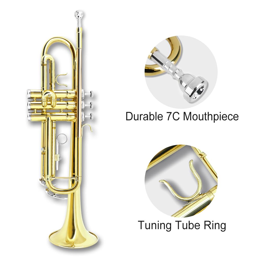 Standard Trumpet Set with Carrying Hard Case, 7C Mouthpiece, Cleaning Cloth and Gloves G989