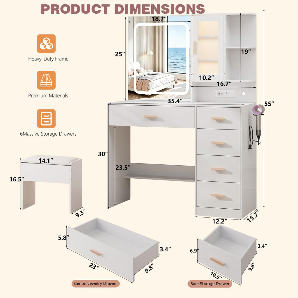 White Vanity Desk with LED Lights Mirror, 5 Drawers, Charging Station & Cushion Stool L3935