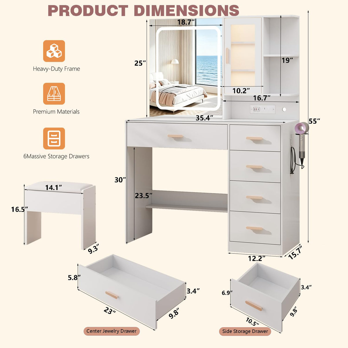 White Vanity Desk with LED Lights Mirror, 5 Drawers, Charging Station & Cushion Stool L3935