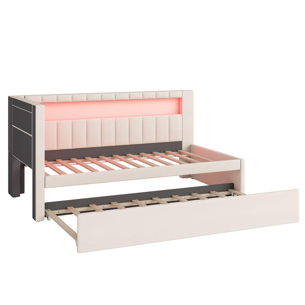 White Linen Upholstered Twin Size Daybed with Trundle and Bookcase Headboard F91803