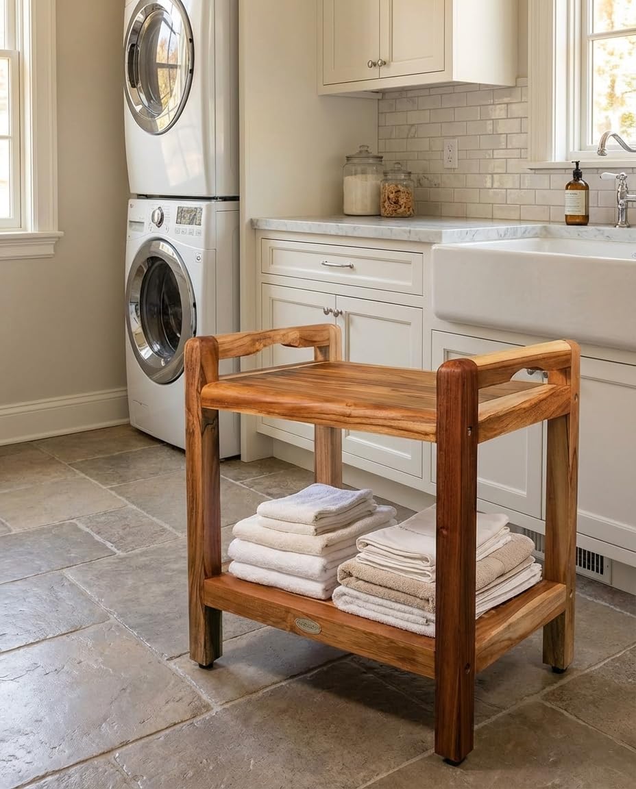 20" Teak Shower Bench with Arms & Storage Shelf O772343