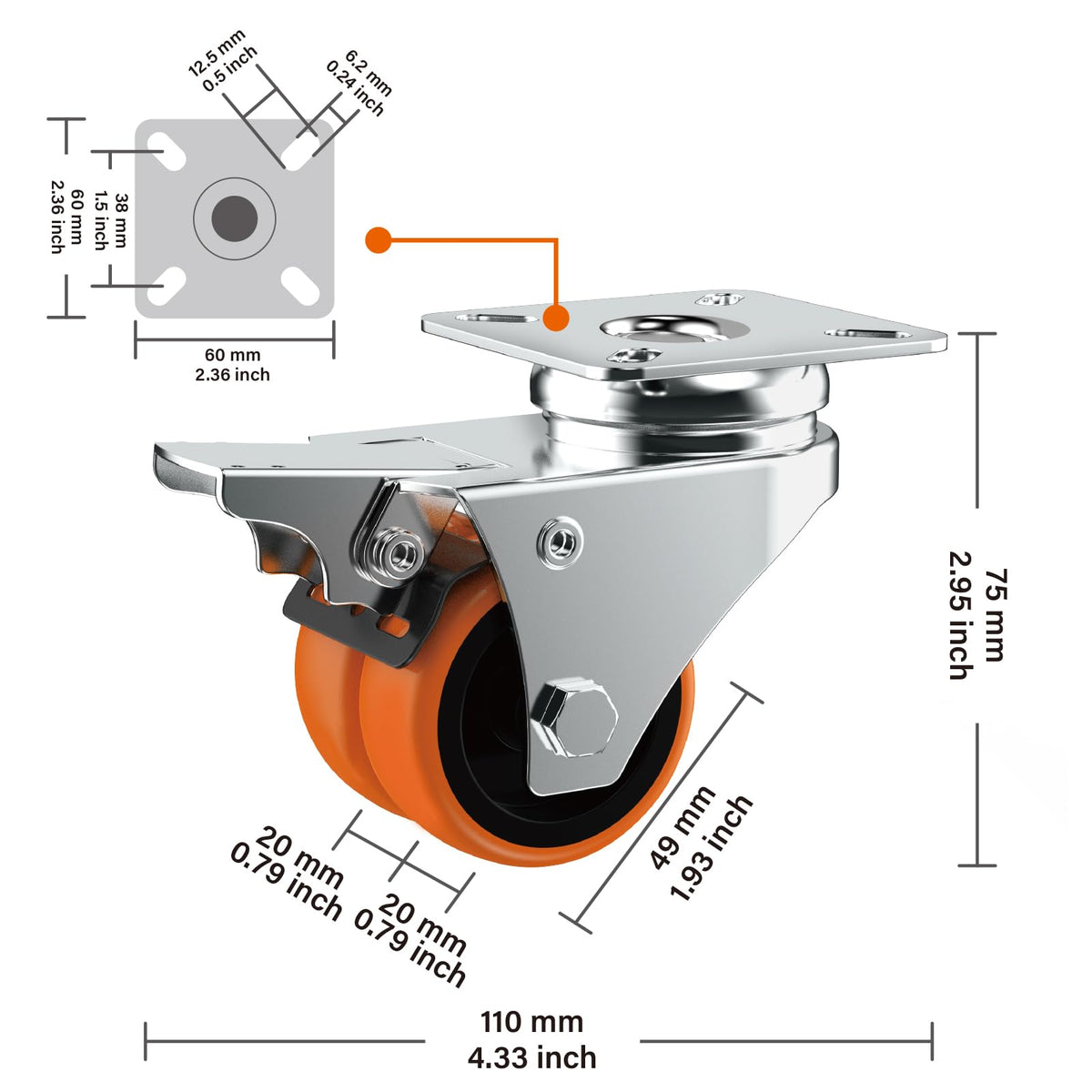 2" Double Wheel Casters with Brake 4 Pack K35354