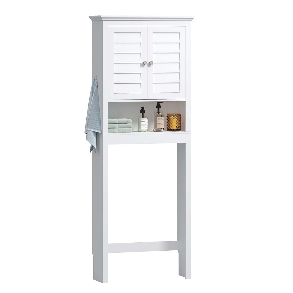 White Over The Toilet Storage Cabinet with Louvered Doors & Hooks G9264