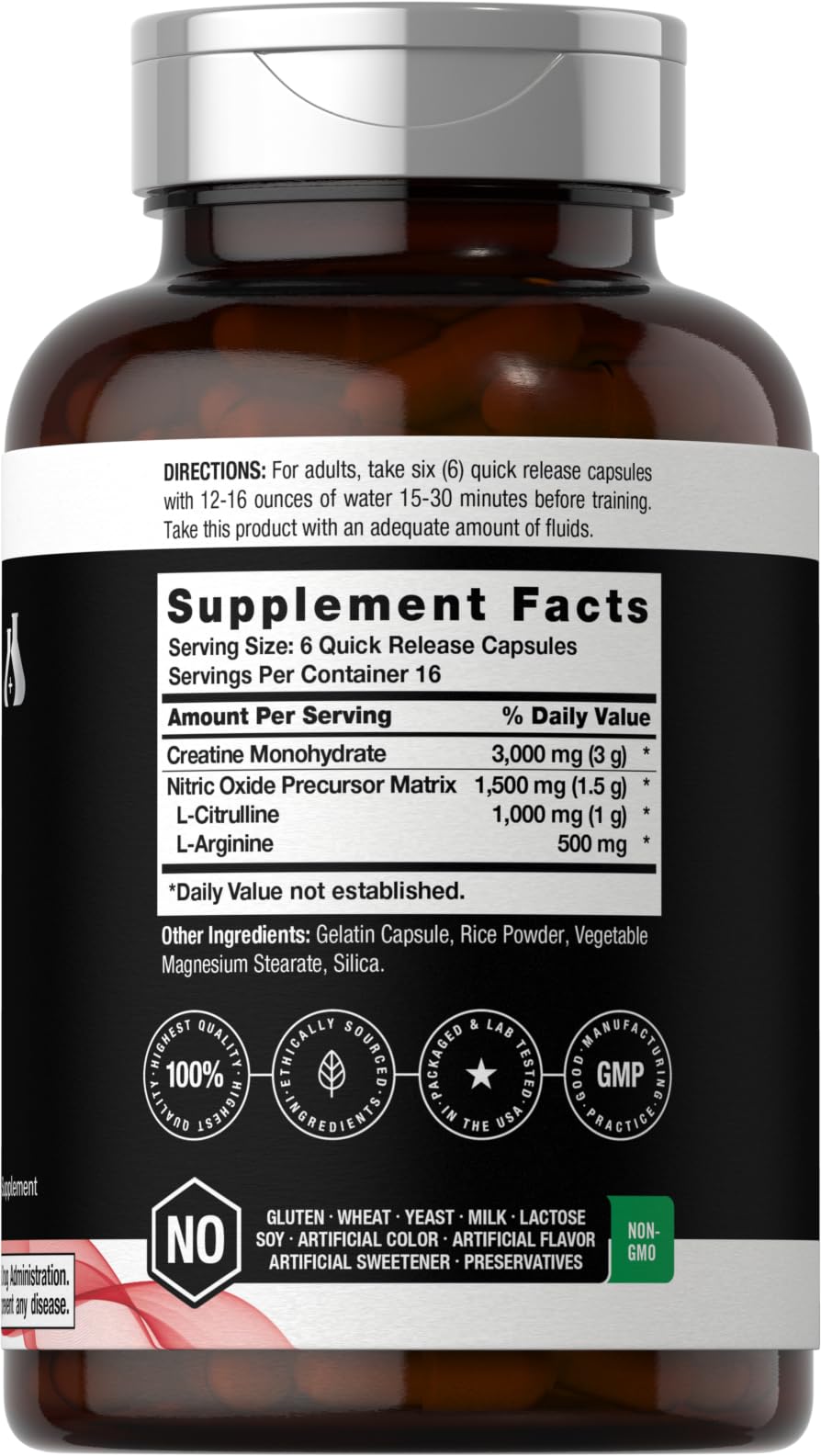Nitric Oxide Supplement with Creatine Monohydrate 100 Capsules Y37228