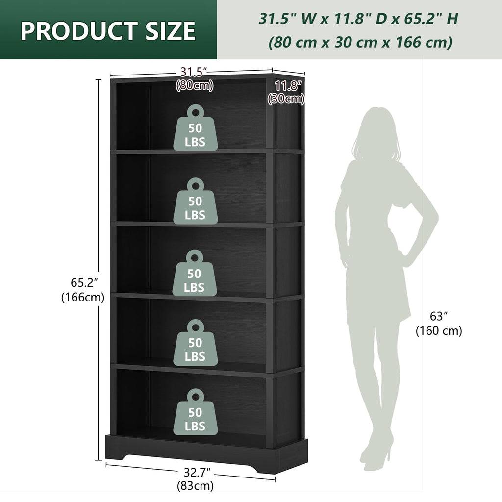 5 Tiers Wooden Bookshelf, 65.2" Tall 31.5" Wide Black Q291