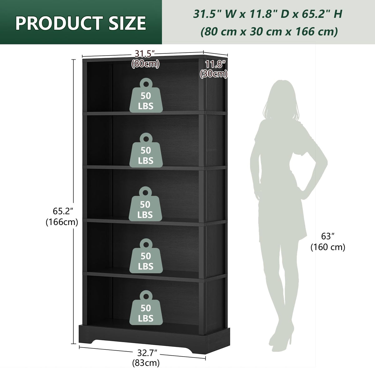 5 Tiers Wooden Bookshelf, 65.2" Tall 31.5" Wide Black Q291
