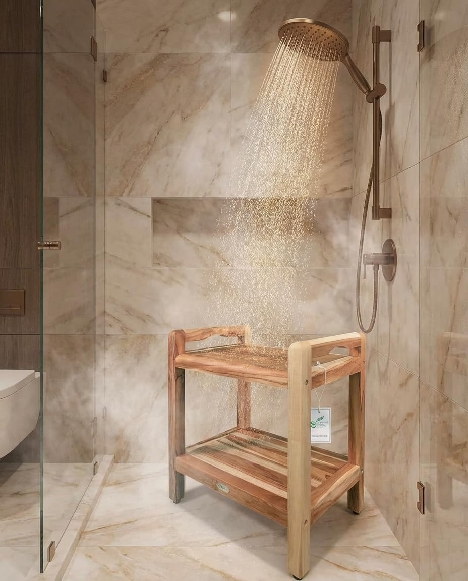20" Teak Shower Bench with Arms & Storage Shelf O772343