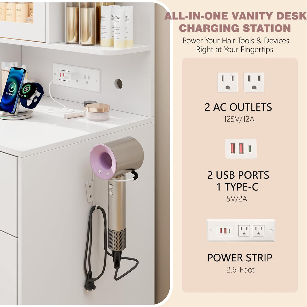 White Vanity Desk with LED Lights Mirror, 5 Drawers, Charging Station & Cushion Stool L3935