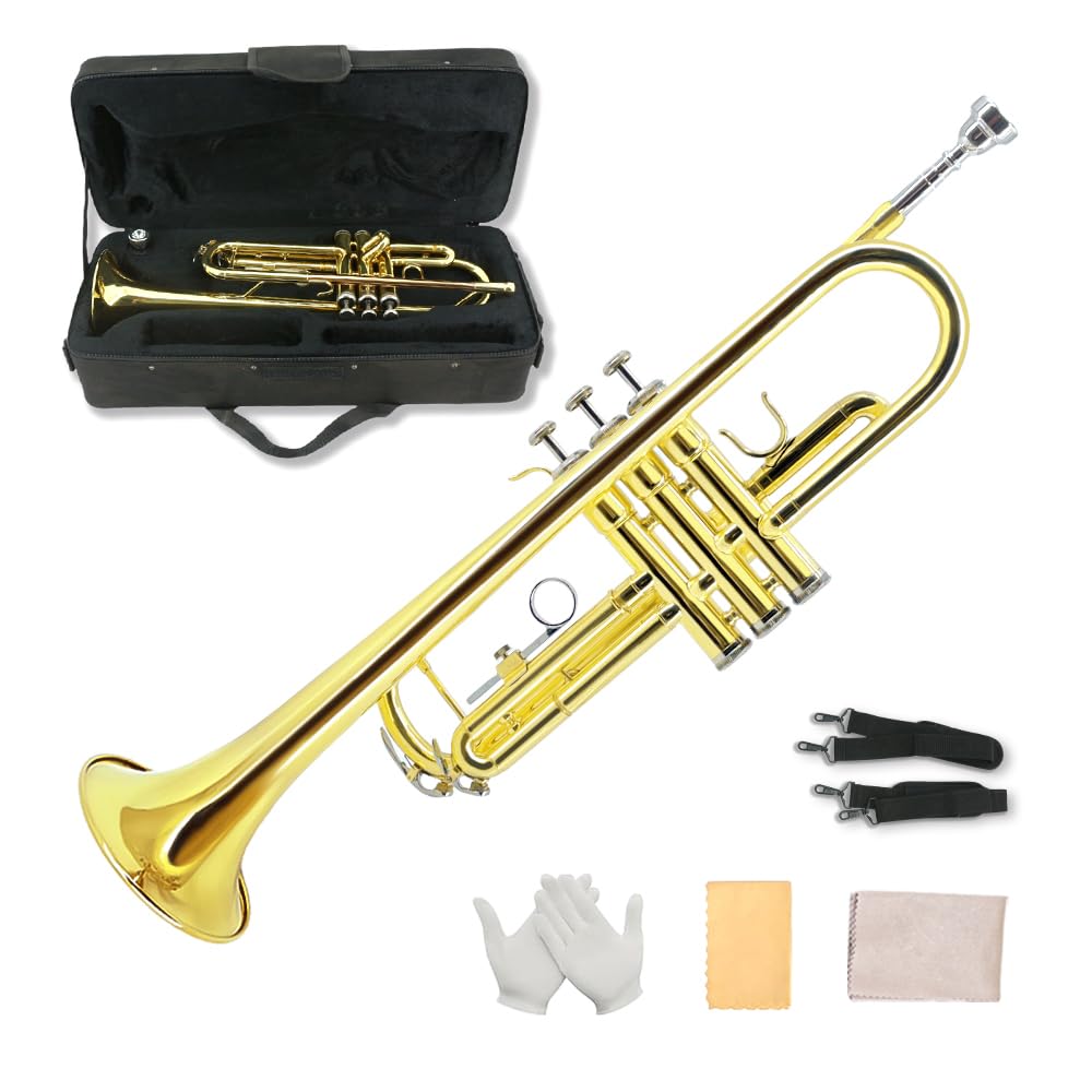 Standard Trumpet Set with Carrying Hard Case, 7C Mouthpiece, Cleaning Cloth and Gloves G989