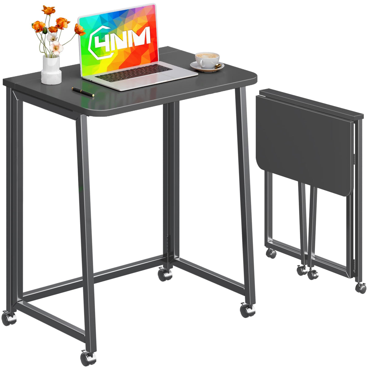 23.6" Folding Mobile Desk with Wheels, All Black D2779