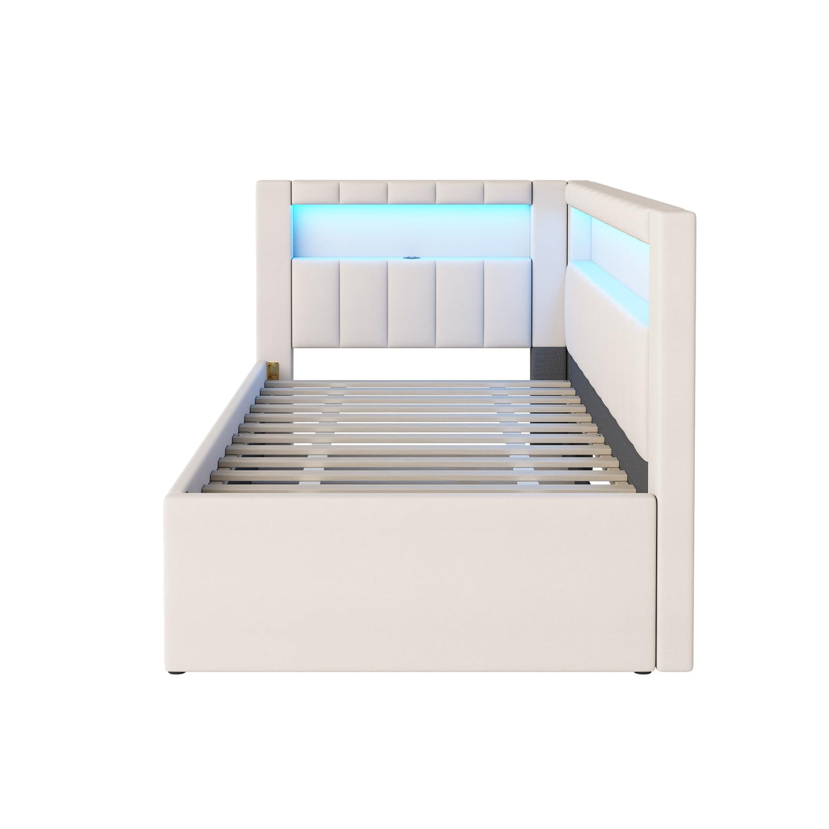 White Linen Upholstered Twin Size Daybed with Trundle and Bookcase Headboard F91803