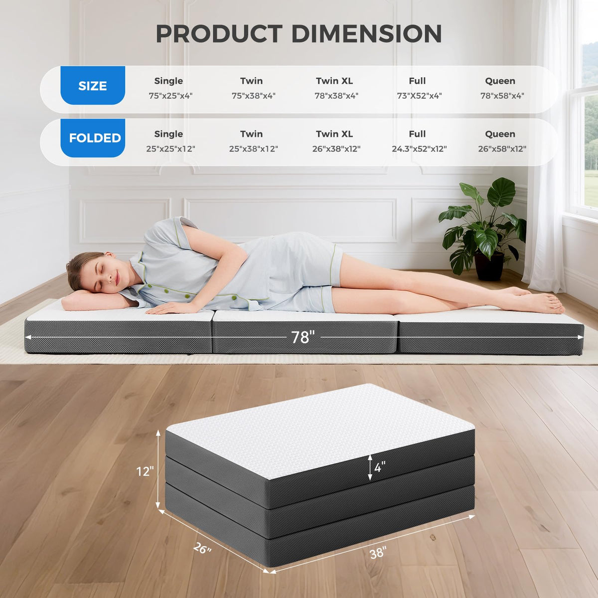 4 Inch Memory Foam Trifold Mattress with Washable Cover A744