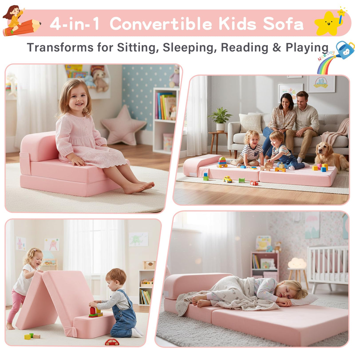 Pink Folding Sofa Bed with Removable Cover H12336