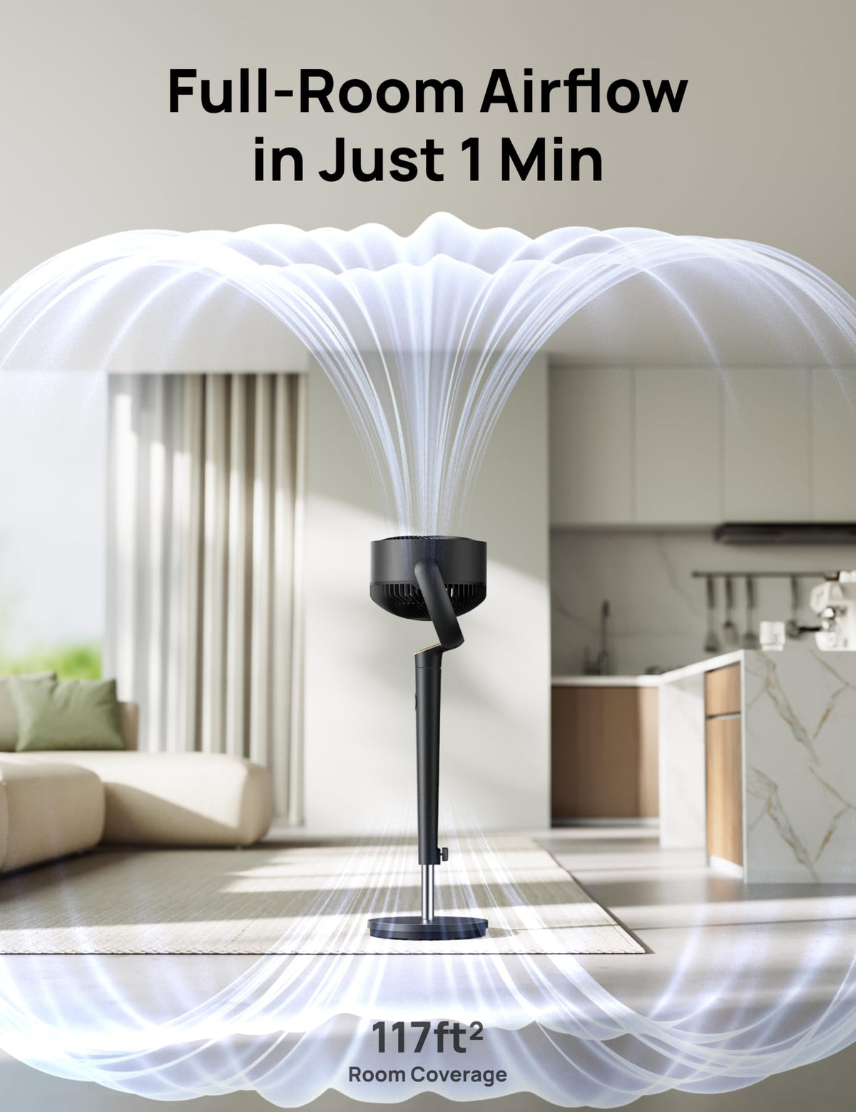 120° Oscillating Standing Fan, Quiet Floor Fan with DC Motor, 9 Speeds, 4 modes, 37-42" Adjustable Height, 9H Timer, Dark Gray E1469