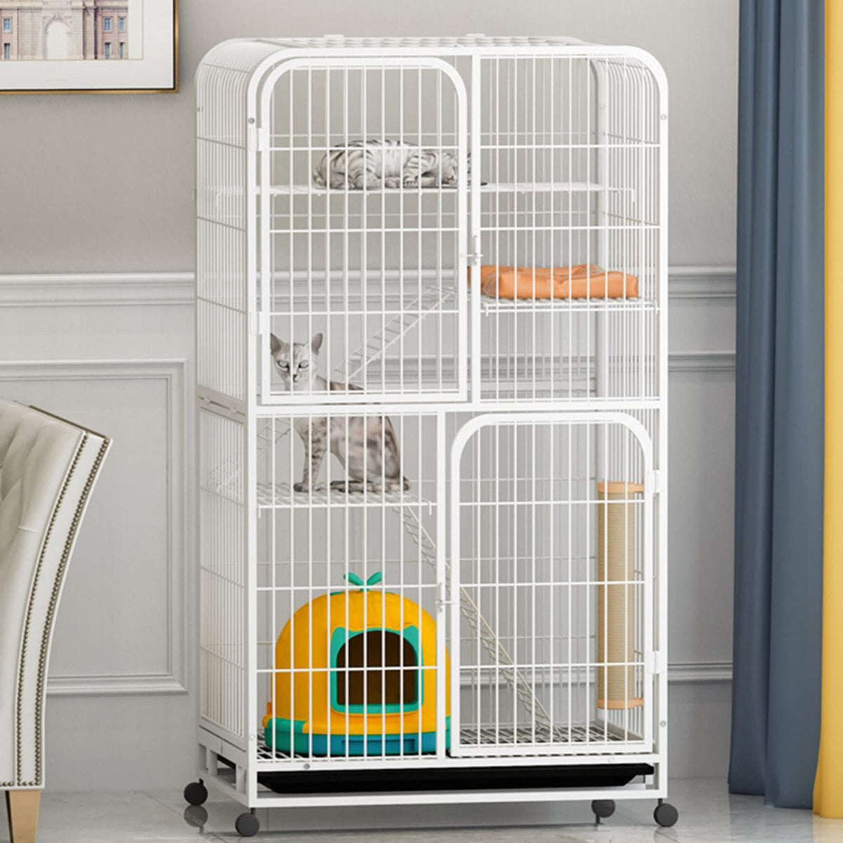 3-Tier Metal Wire Cat Cage with Hammock and Casters Z955819