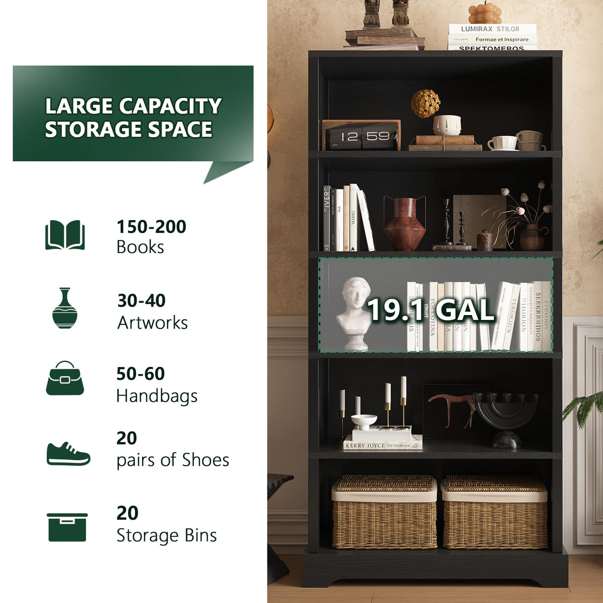 5 Tiers Wooden Bookshelf, 65.2" Tall 31.5" Wide Black Q291
