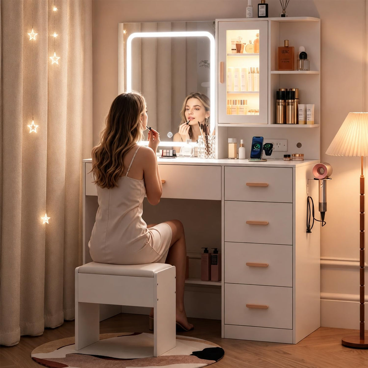 White Vanity Desk with LED Lights Mirror, 5 Drawers, Charging Station & Cushion Stool L3935