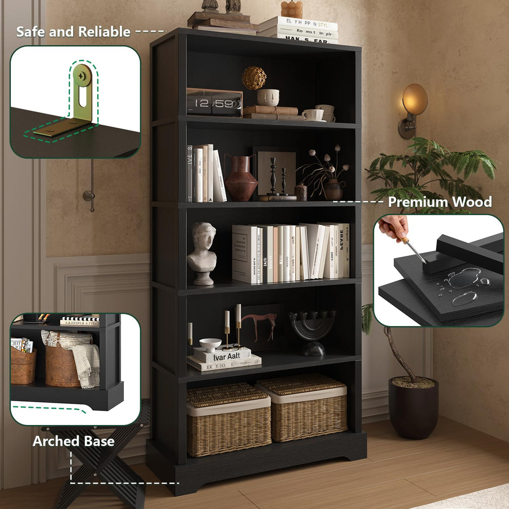 5 Tiers Wooden Bookshelf, 65.2" Tall 31.5" Wide Black Q291