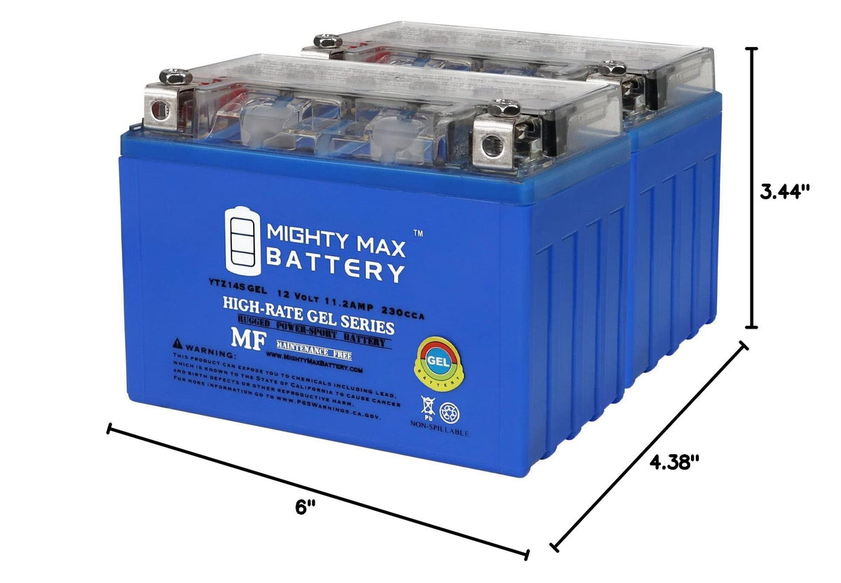 12 Volt 11.2 AH GEL Type 230 CCA Rechargeable Maintenance Free SLA AGM Motorcycle Battery Pack of 2 Z94669