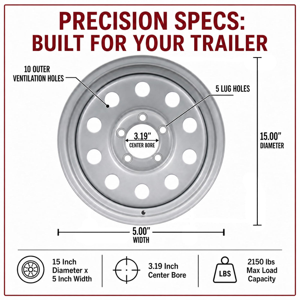 15 Inch 5 Lug Silver Trailer Wheel Q86295