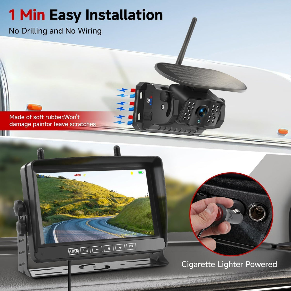 Dual Magnetic Wireless Backup Camera, 7” 1080P HD 4CH DVR Monitor O39738