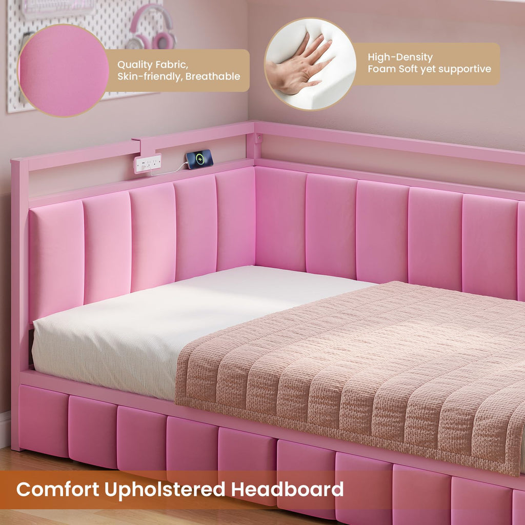 Pink Twin Size Corner Bed Frame with Storage Drawers Z8353