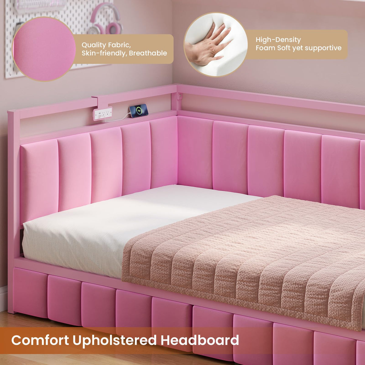 Pink Twin Size Corner Bed Frame with Storage Drawers Z8353