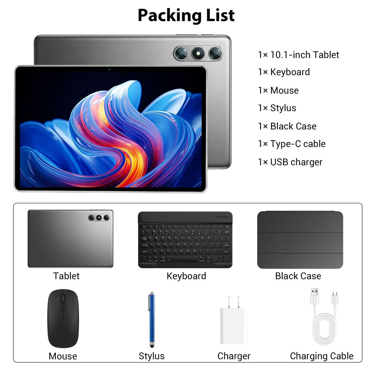 10.1" Android 16 Tablet with Keyboard, 30GB RAM 64GB ROM, Gray R5007