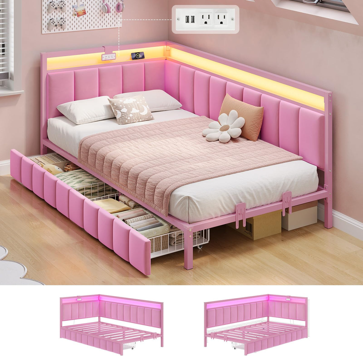 Pink Twin Size Corner Bed Frame with Storage Drawers Z8353