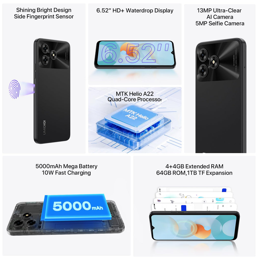 Unlocked Cell Phone Android Smartphone 6.52" Full Screen 5000mAh Black D9961