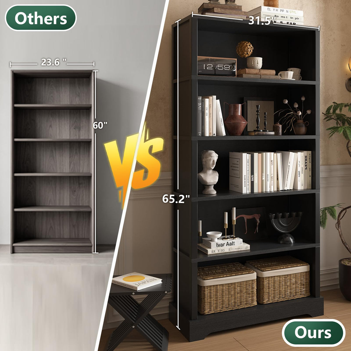 5 Tiers Wooden Bookshelf, 65.2" Tall 31.5" Wide Black Q291