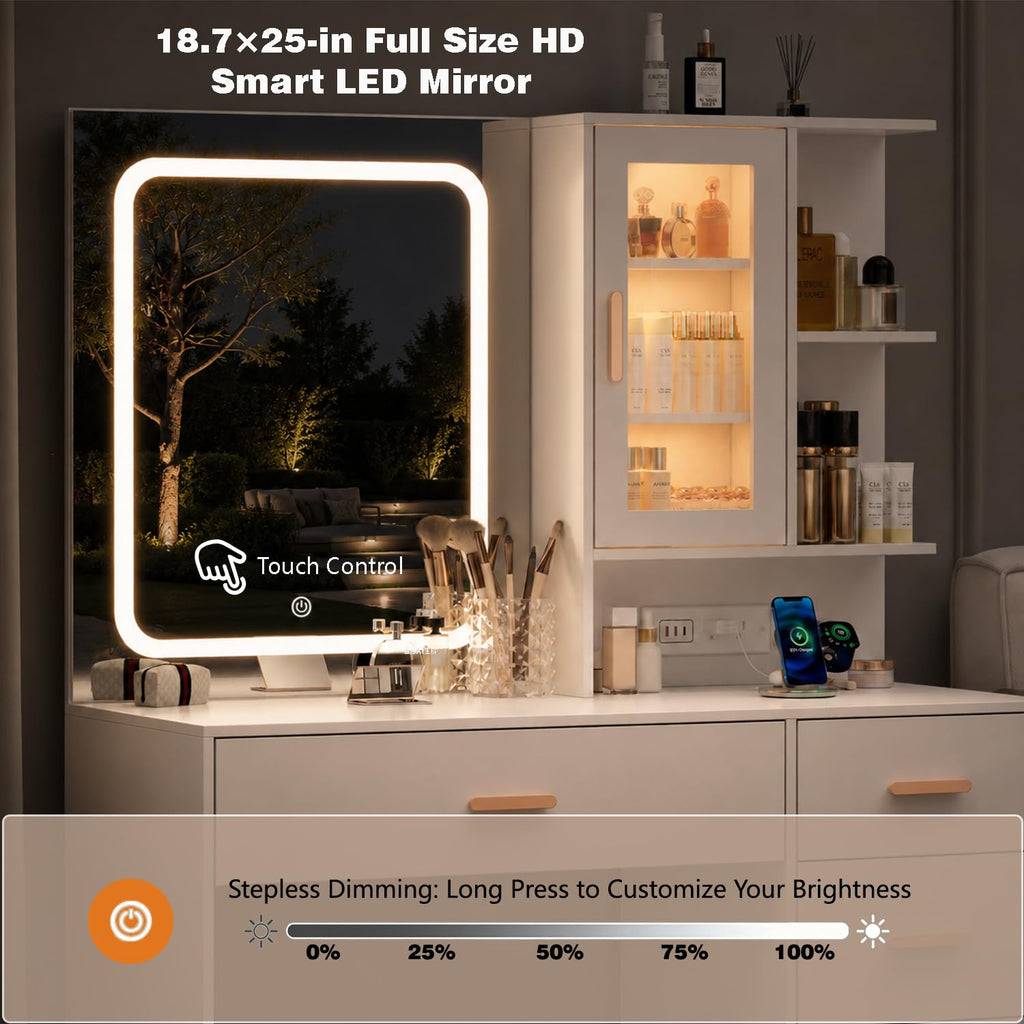 White Vanity Desk with LED Lights Mirror, 5 Drawers, Charging Station & Cushion Stool L3935