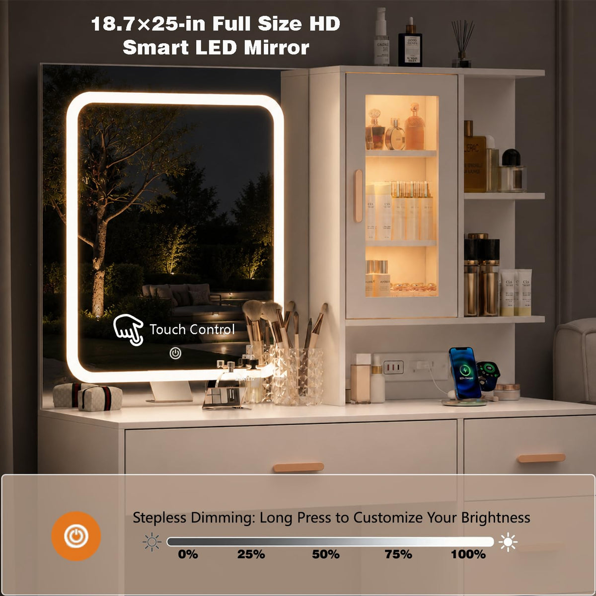 White Vanity Desk with LED Lights Mirror, 5 Drawers, Charging Station & Cushion Stool L3935