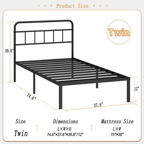 12 inches Twin Bed Frame with Minimalist Headboard, Black U26685