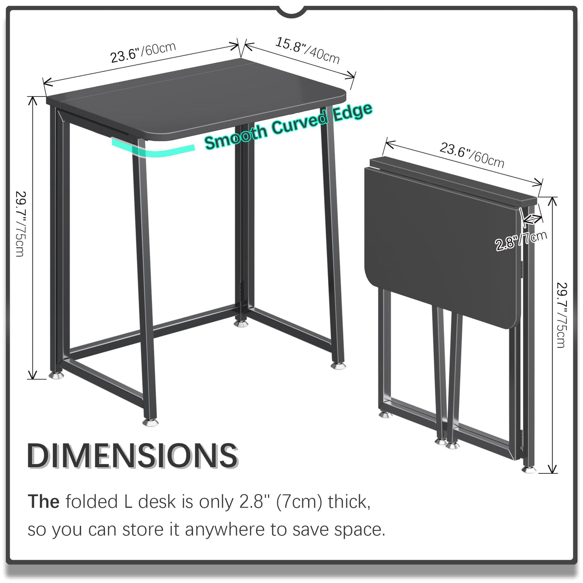 23.6" Folding Mobile Desk with Wheels, All Black D2779