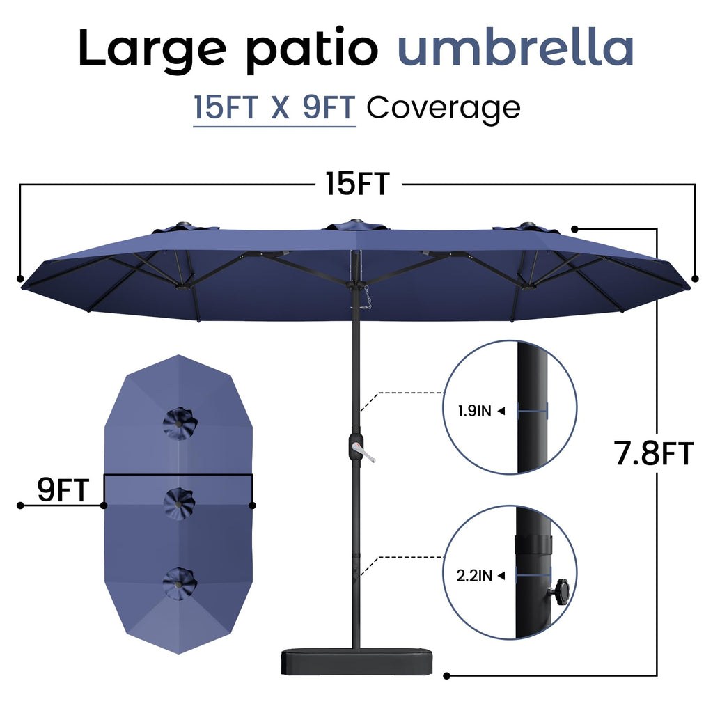 15ft Navy Blue Double-Sided Patio Umbrella with Base G853