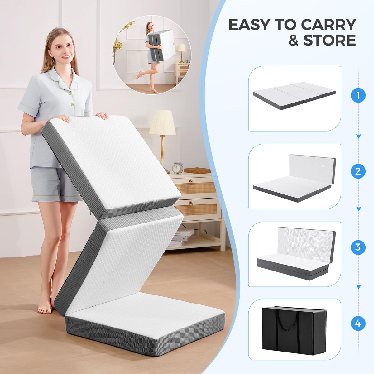 4 Inch Memory Foam Trifold Mattress with Washable Cover A744