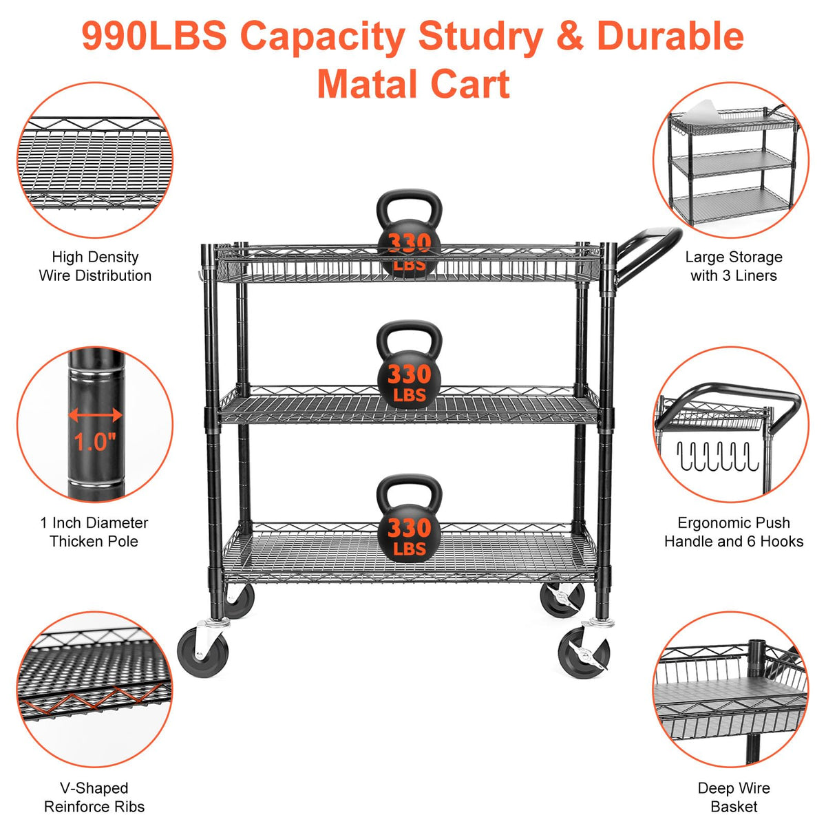 Heavy Duty 3 Tier Rolling Utility Cart with Wheels, Black B5848