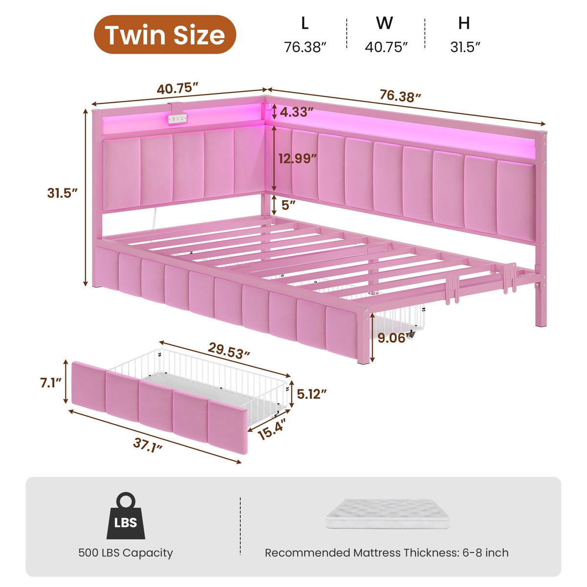 Pink Twin Size Corner Bed Frame with Storage Drawers Z8353