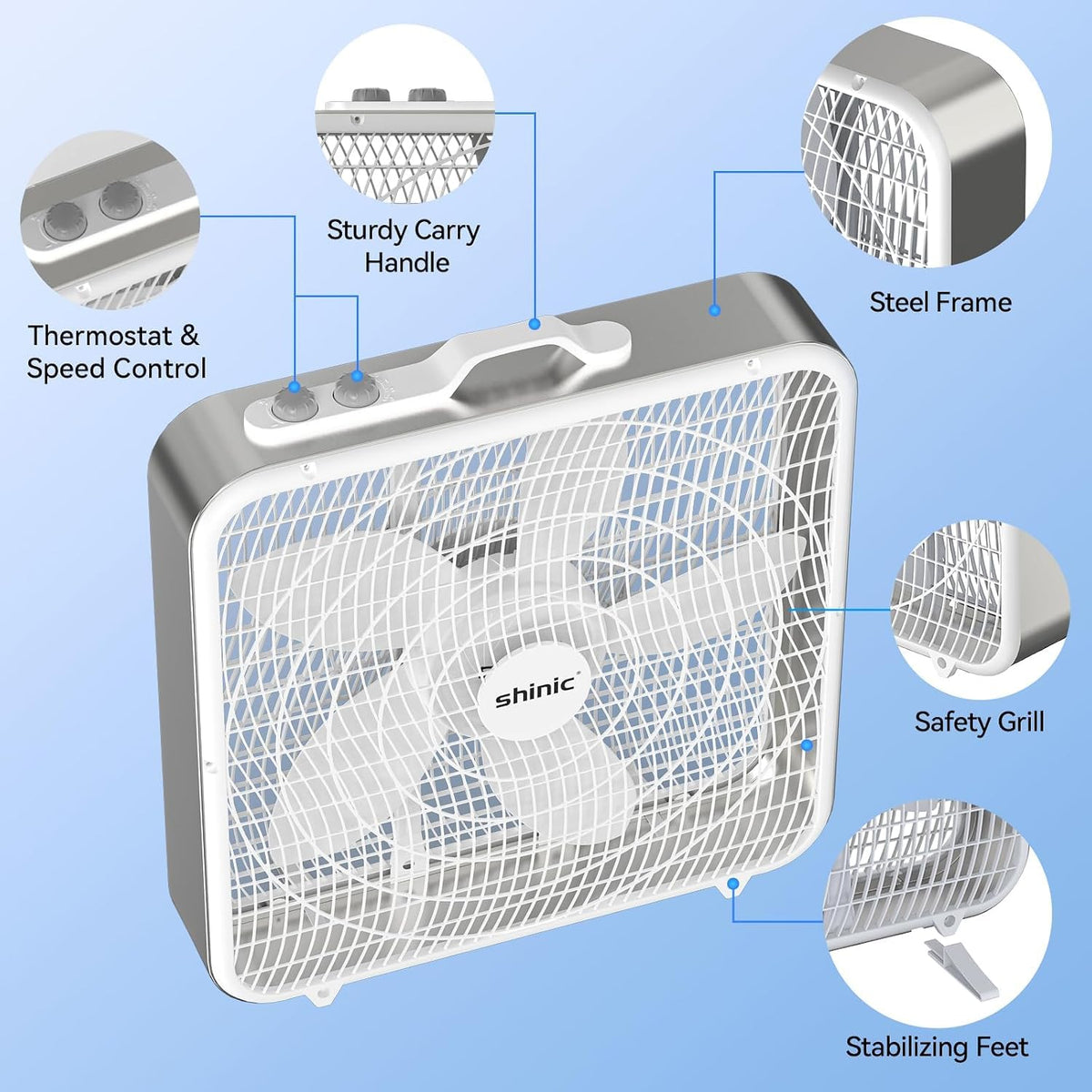 20” Box Fan with Thermostat, 3-Speed Portable Floor Fan, White T669556