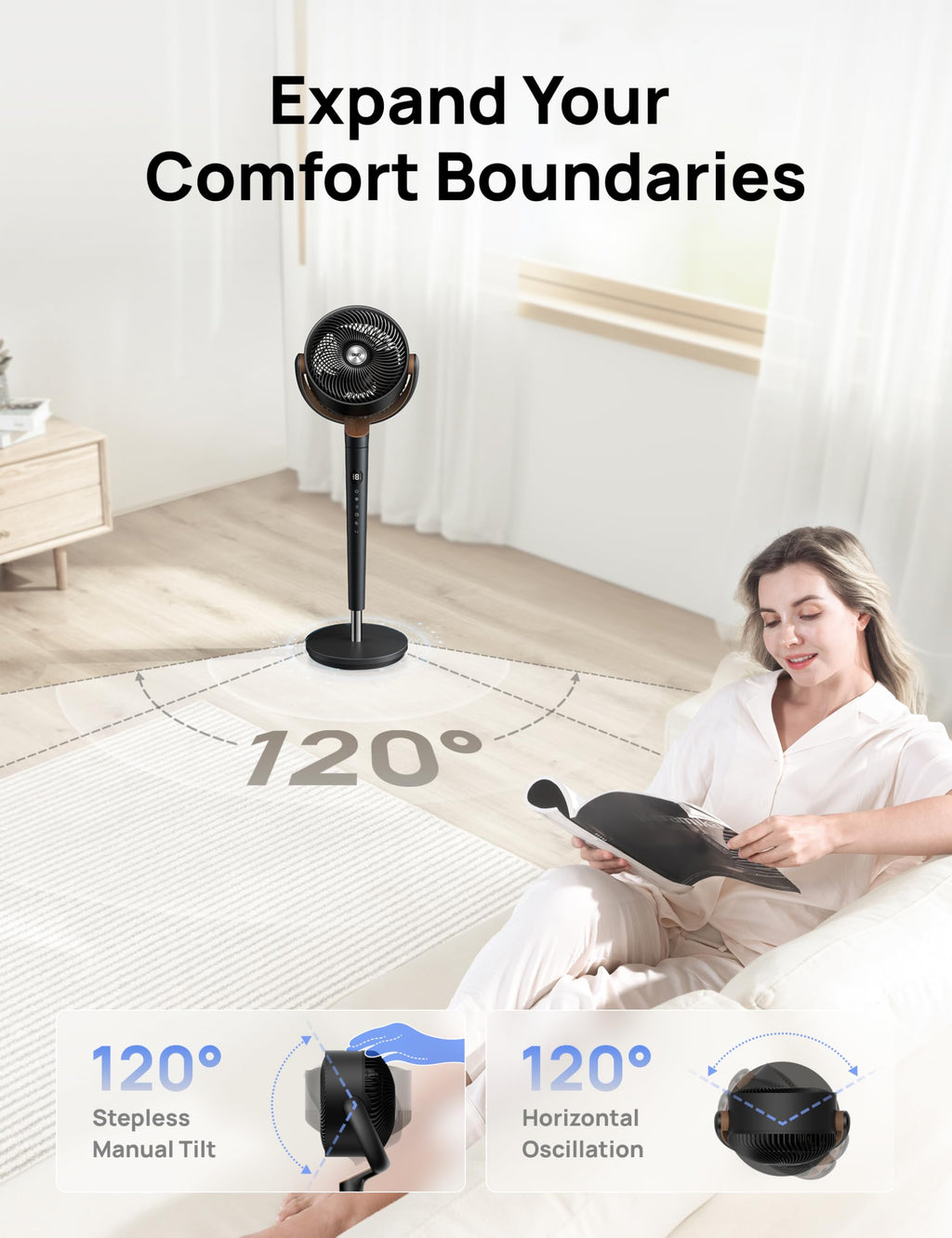 120° Oscillating Standing Fan, Quiet Floor Fan with DC Motor, 9 Speeds, 4 modes, 37-42" Adjustable Height, 9H Timer, Dark Gray E1469