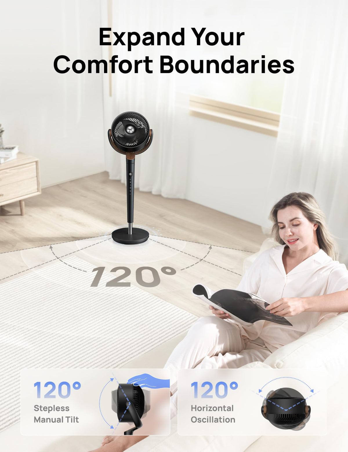 120° Oscillating Standing Fan, Quiet Floor Fan with DC Motor, 9 Speeds, 4 modes, 37-42" Adjustable Height, 9H Timer, Dark Gray E1469