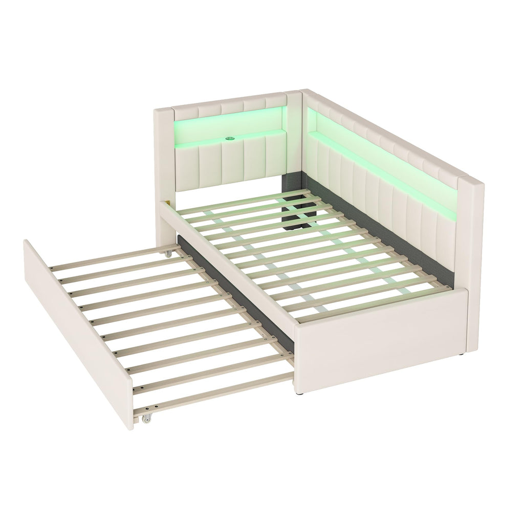 White Linen Upholstered Twin Size Daybed with Trundle and Bookcase Headboard F91803