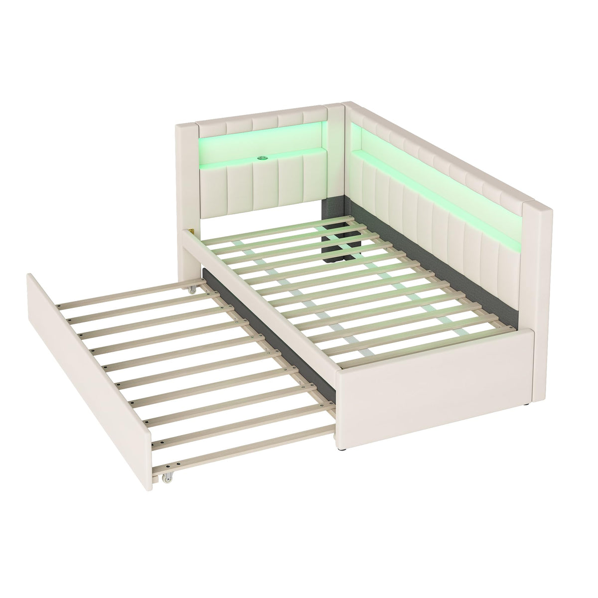 White Linen Upholstered Twin Size Daybed with Trundle and Bookcase Headboard F91803