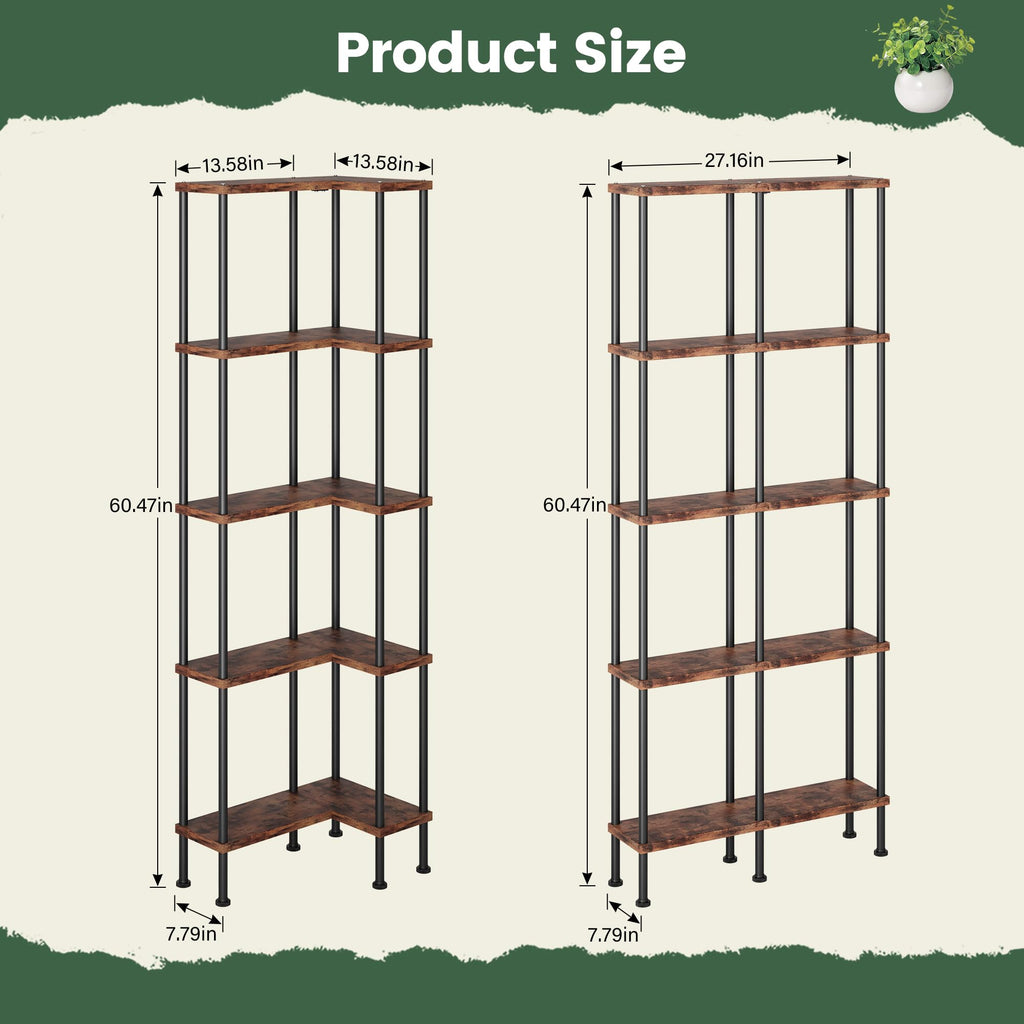L-Shaped 5-Tier Rustic Brown Bookshelf R41286