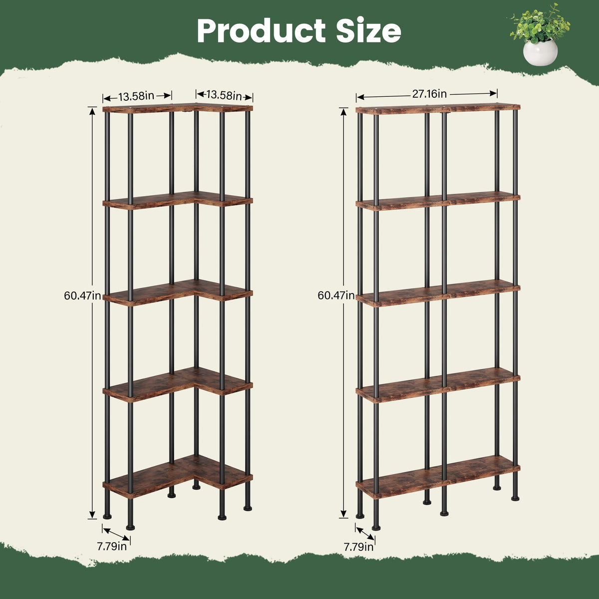 L-Shaped 5-Tier Rustic Brown Bookshelf R41286