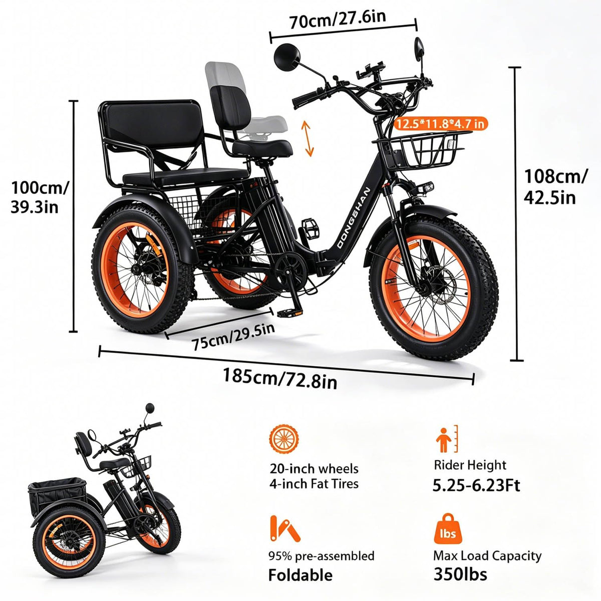 20” Fat Tire Folding 7-Speed Electric Tricycle with Rear Seat L98345