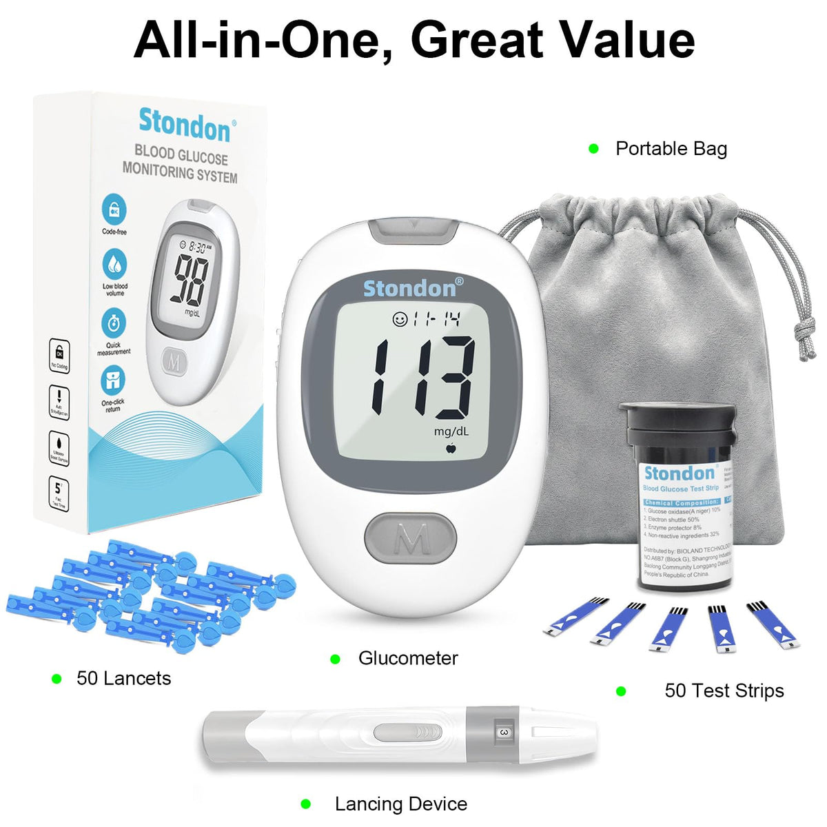 Blood Glucose Monitor Kit, 50 Strips & Lancets B9816