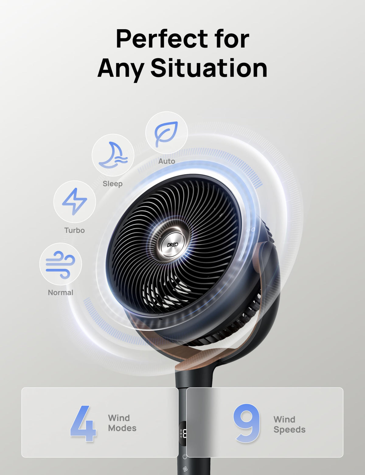 120° Oscillating Standing Fan, Quiet Floor Fan with DC Motor, 9 Speeds, 4 modes, 37-42" Adjustable Height, 9H Timer, Dark Gray E1469